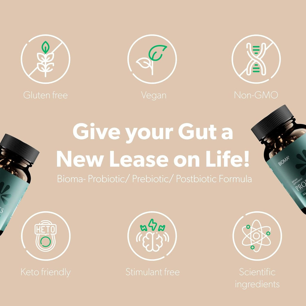 Bioma Probiotics - Digestive Health Probiotic - Gut Support for Men & Women with Xylooligosaccharides, Tributyrin & Bifidobacterium - Vegan & Gluten Free - 180 Delayed-Release Capsules (90-Day Supply)