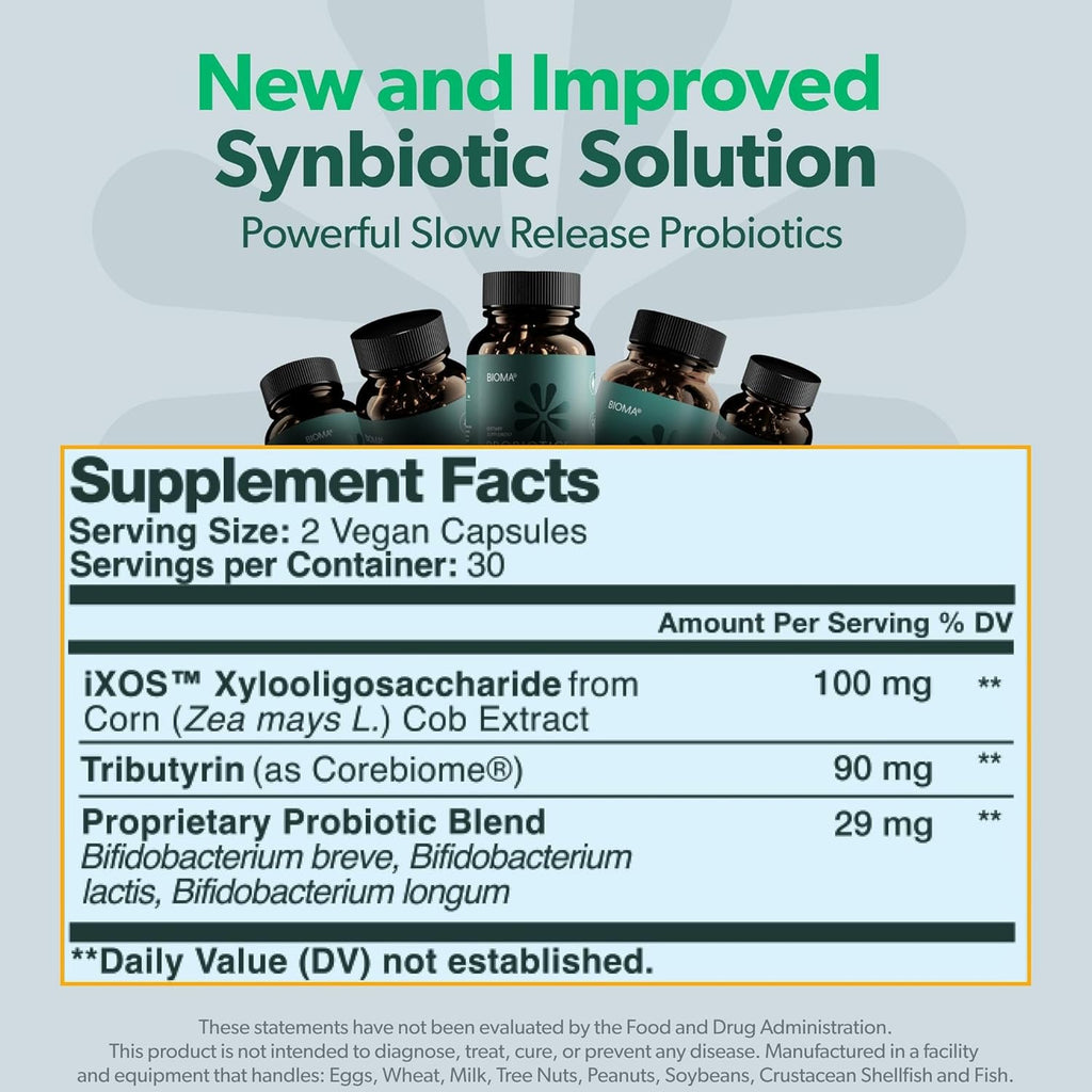 Bioma Probiotics - Digestive Health Probiotic - Gut Support for Men & Women with Xylooligosaccharides, Tributyrin & Bifidobacterium - Vegan & Gluten Free - 180 Delayed-Release Capsules (90-Day Supply)